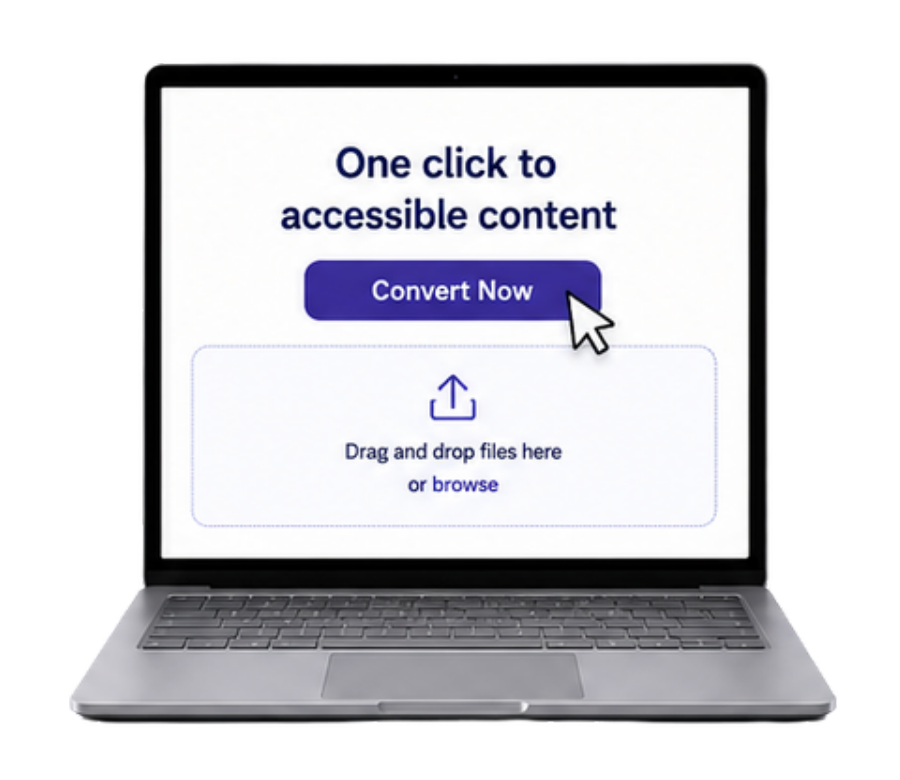 Laptop showing the Bookshare Plus one-click convert screen with a drag-and-drop upload area