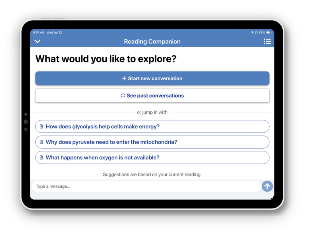 A tablet showing the Bookshare Plus Reading Companion, an AI reading assistant, with suggested reading questions