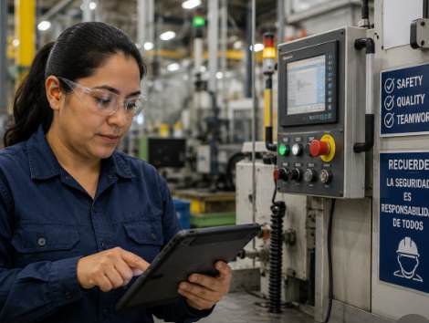 A warehouse employee reading instructions on a tablet