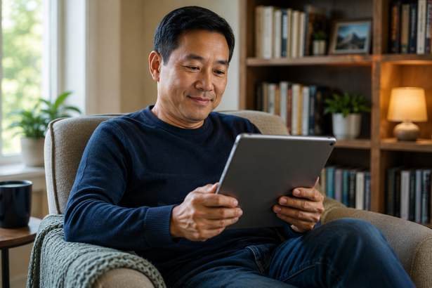 A person reading the news on a tablet at a kitchen table